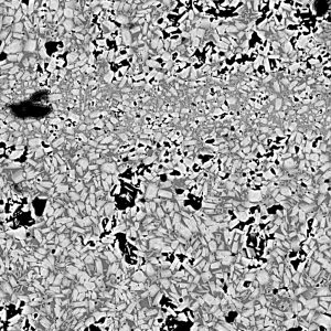 Intense cataclasis of crystals during experimental shear deformation of an assembly with 50% plagioclase crystals + magmatic liquid (M.Laumonnier's thesis, Paterson press experiment, image size ~700µm).